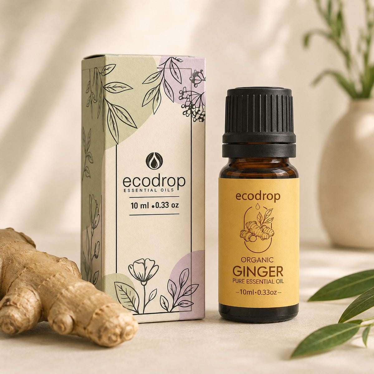 Organic Ginger Essential Oil bottle with botanical box and ginger root