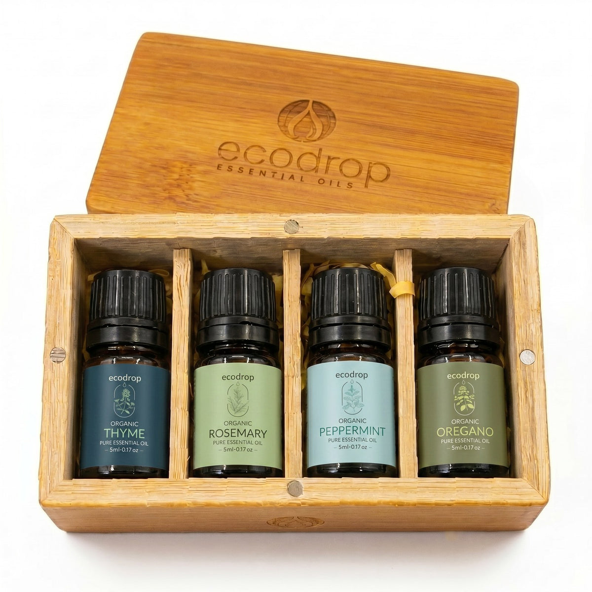 Open bamboo gift box holding thyme, rosemary, peppermint and oregano essential oils, 4 x 5ml