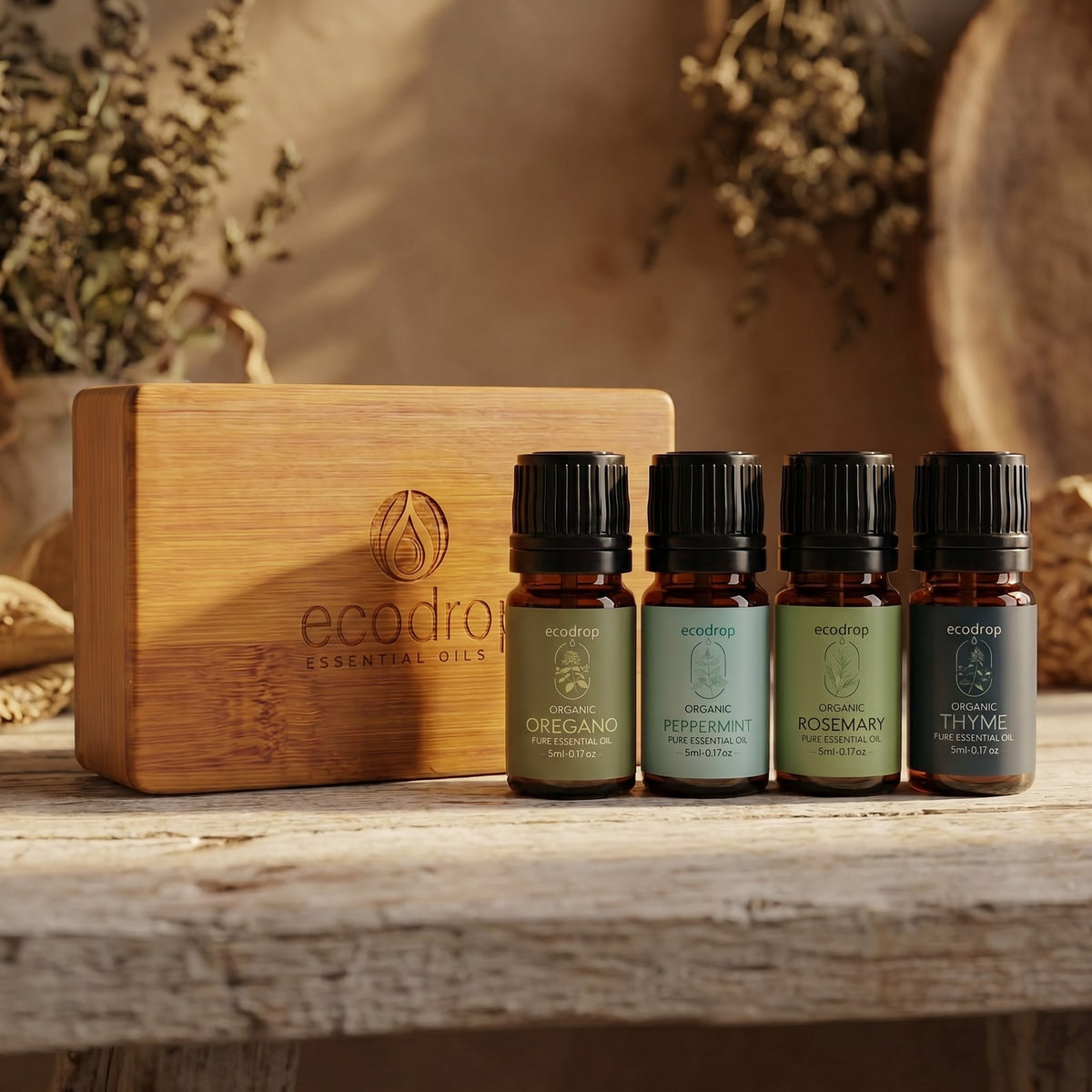 Herb essential oil gift set on a rustic shelf with dried herbs, four 5ml bottles and wooden box