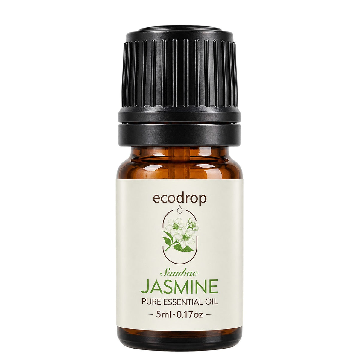 Pure Jasmine Sambac absolute 5ml amber dropper bottle on a white background, Ecodrop