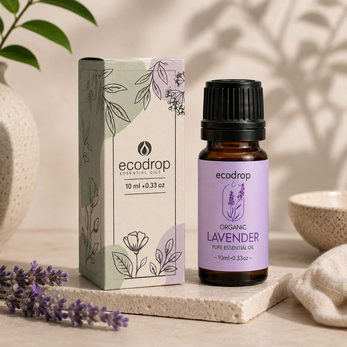 Organic French Lavender Essential Oil bottle with botanical box