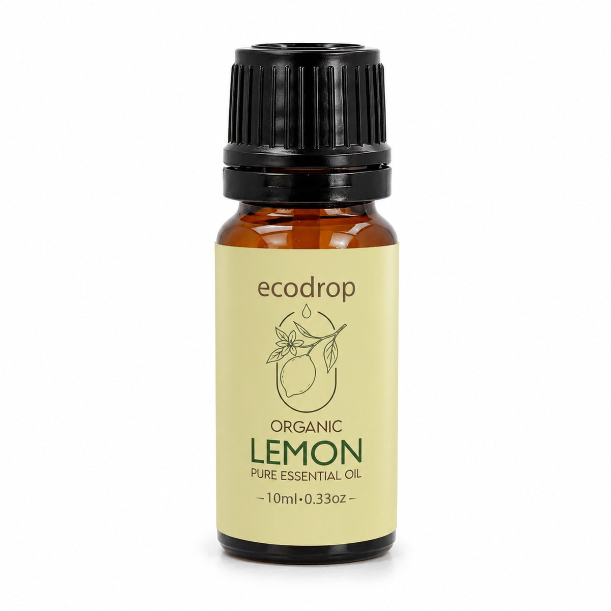 Organic lemon essential oil 10ml amber bottle on a white background