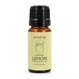 Organic lemon essential oil 10ml amber bottle on a white background