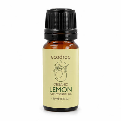 Organic lemon essential oil 10ml amber bottle on a white background