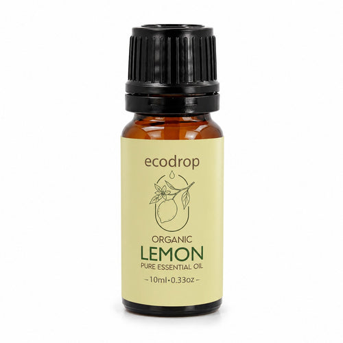 Organic lemon essential oil 10ml amber bottle on a white background