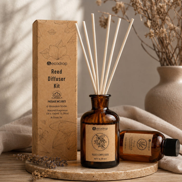 Lavender reed diffuser kit - box, glass jar, reeds and refill, package includes