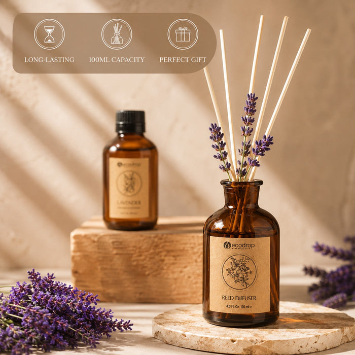 Lavender reed diffuser features - long-lasting, 100ml capacity, perfect gift