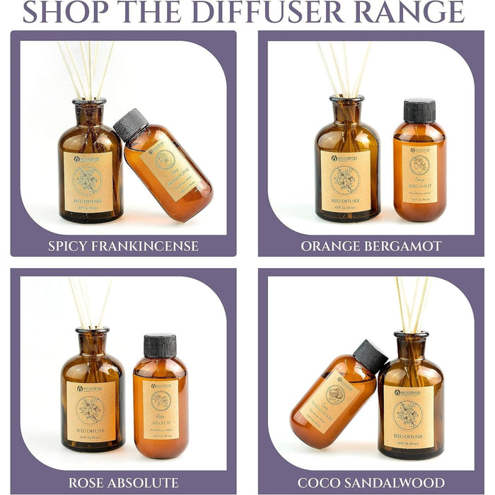 Shop the Ecodrop reed diffuser range - frankincense, bergamot, rose, sandalwood