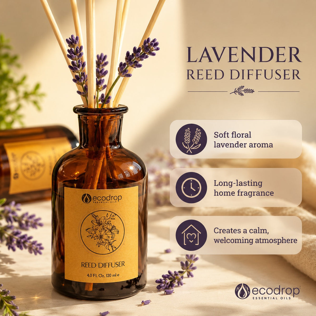 Lavender reed diffuser feature callout - soft floral aroma, long-lasting, calm atmosphere