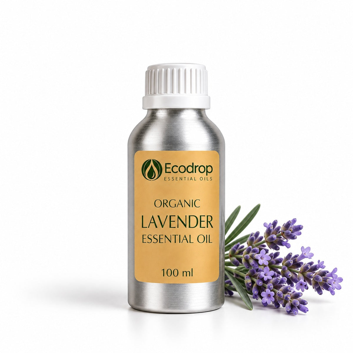 Organic French Lavender Essential Oil 100ml aluminium bottle with fresh lavender