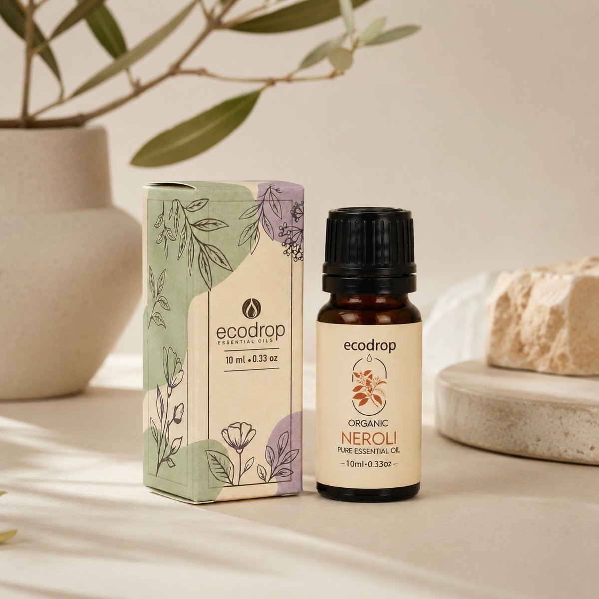 Organic Neroli Essential Oil bottle with botanical box