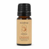 Organic orange essential oil 10ml amber bottle on a white background