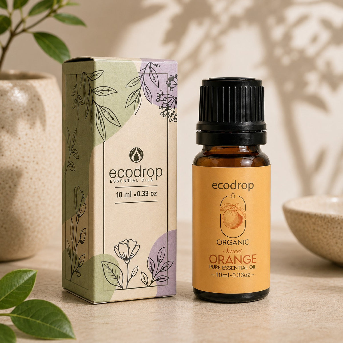 Organic orange essential oil 10ml bottle with its recycled carton box
