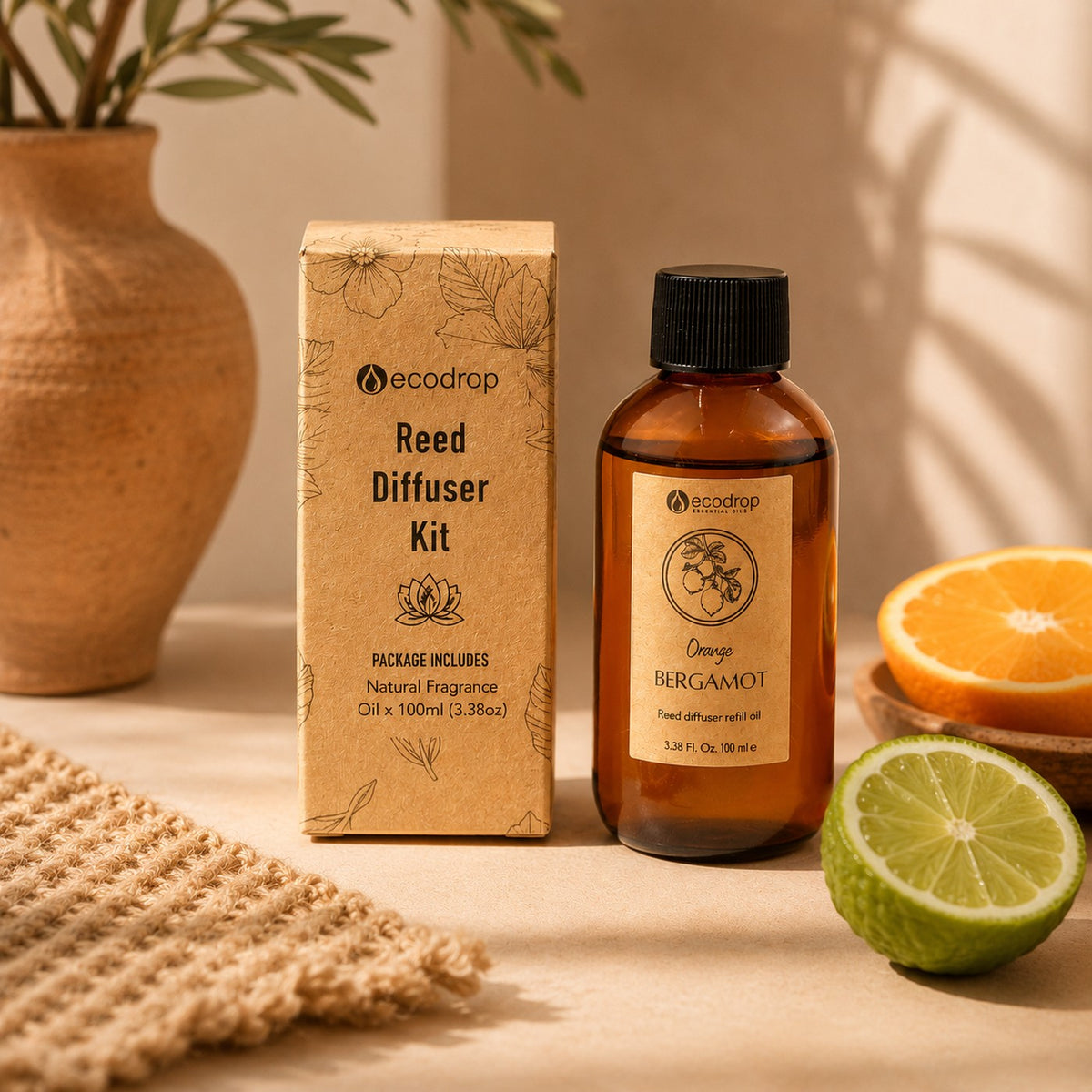 Orange Bergamot reed diffuser kit box with refill bottle and citrus