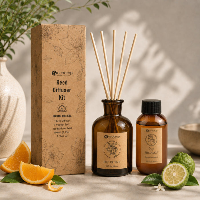 Orange Bergamot reed diffuser kit box with diffuser and refill, package contents