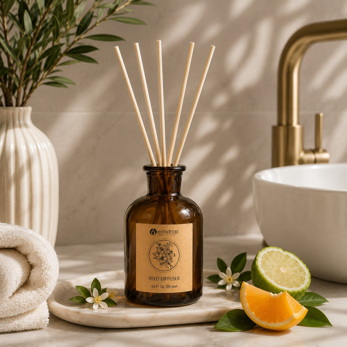 Orange Bergamot reed diffuser styled on a bathroom counter with lemons