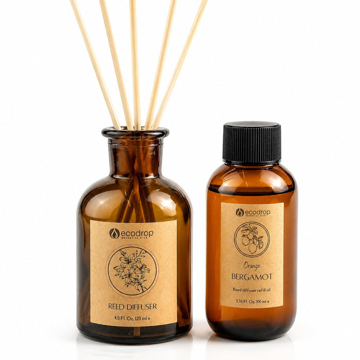 Orange Bergamot reed diffuser set with amber bottle, reeds and refill