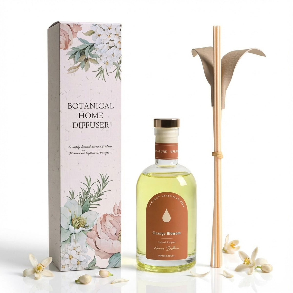 Orange Blossom reed diffuser set on white with scattered blossoms
