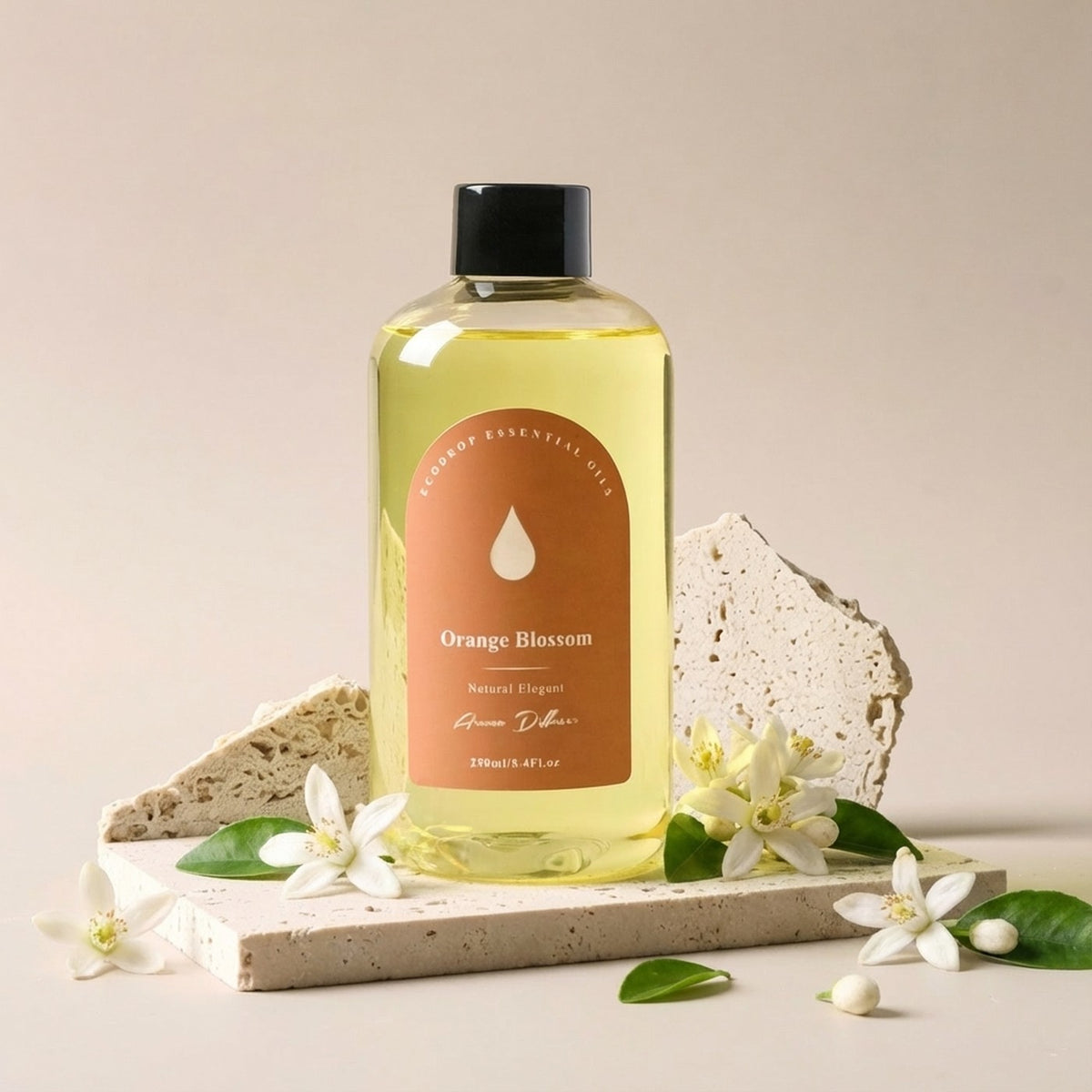 Orange Blossom reed diffuser refill bottle with orange blossoms on stone