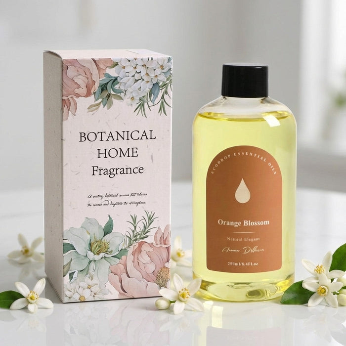 Orange Blossom diffuser refill styled with botanical box and blossoms