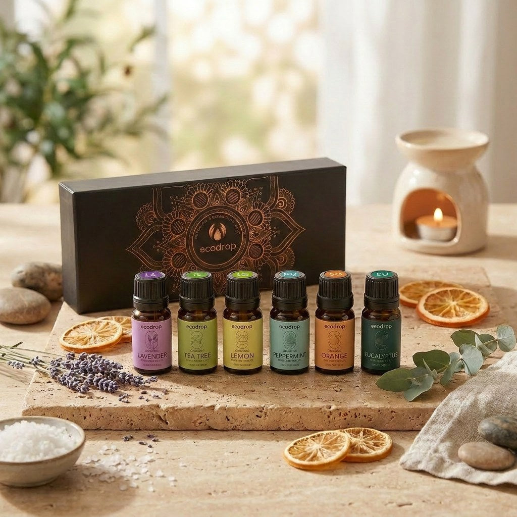Six organic essential oils lined up in front of the gift box with an oil burner