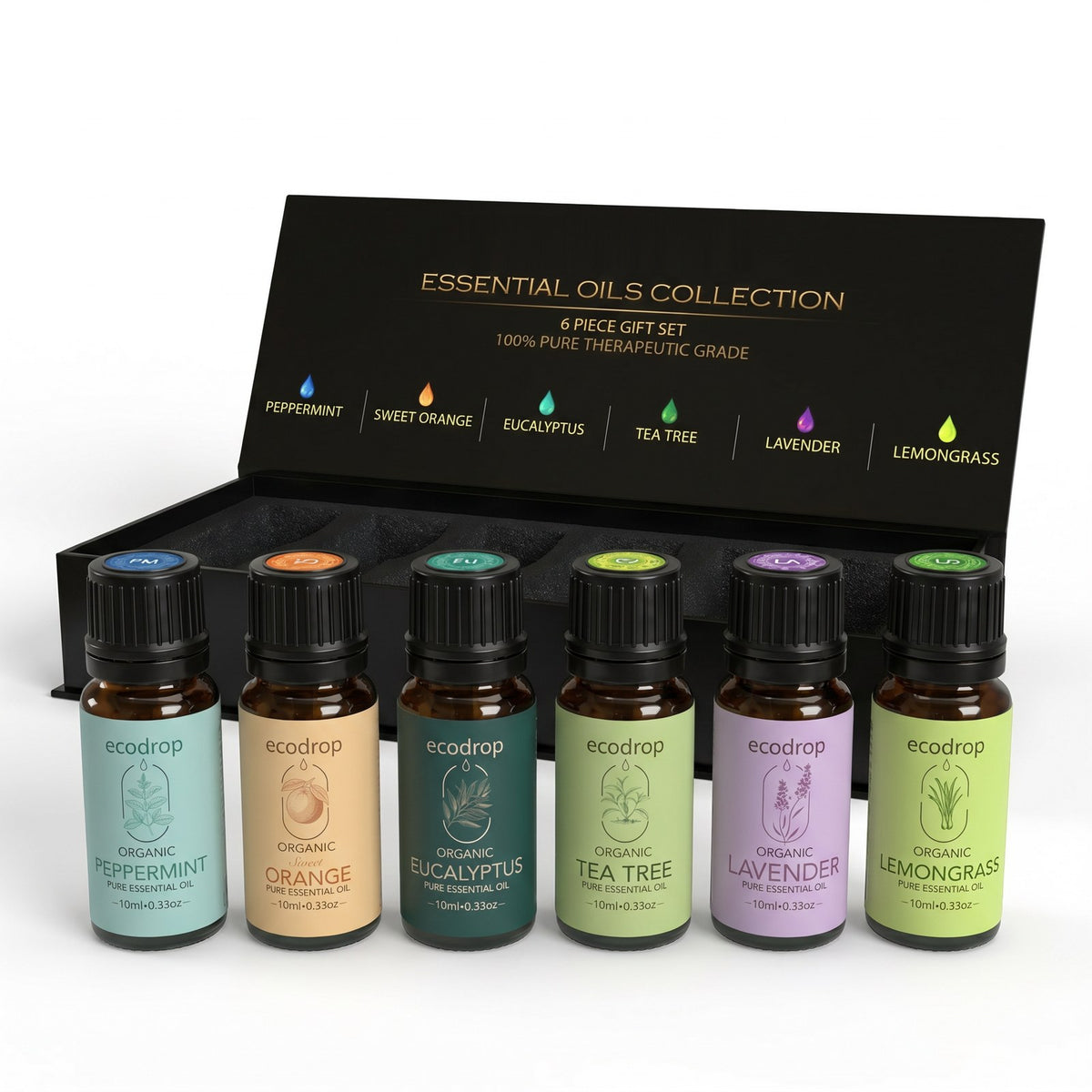 Organic essential oil set 6 x 10ml: peppermint, sweet orange, eucalyptus, tea tree, lavender and lemongrass in a gift box