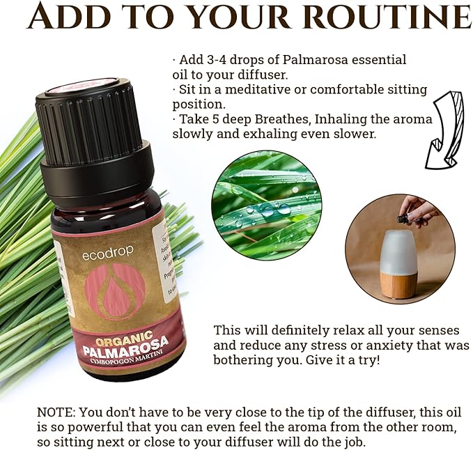 Organic Palmarosa Essential Oil, 10ml - ecodrop