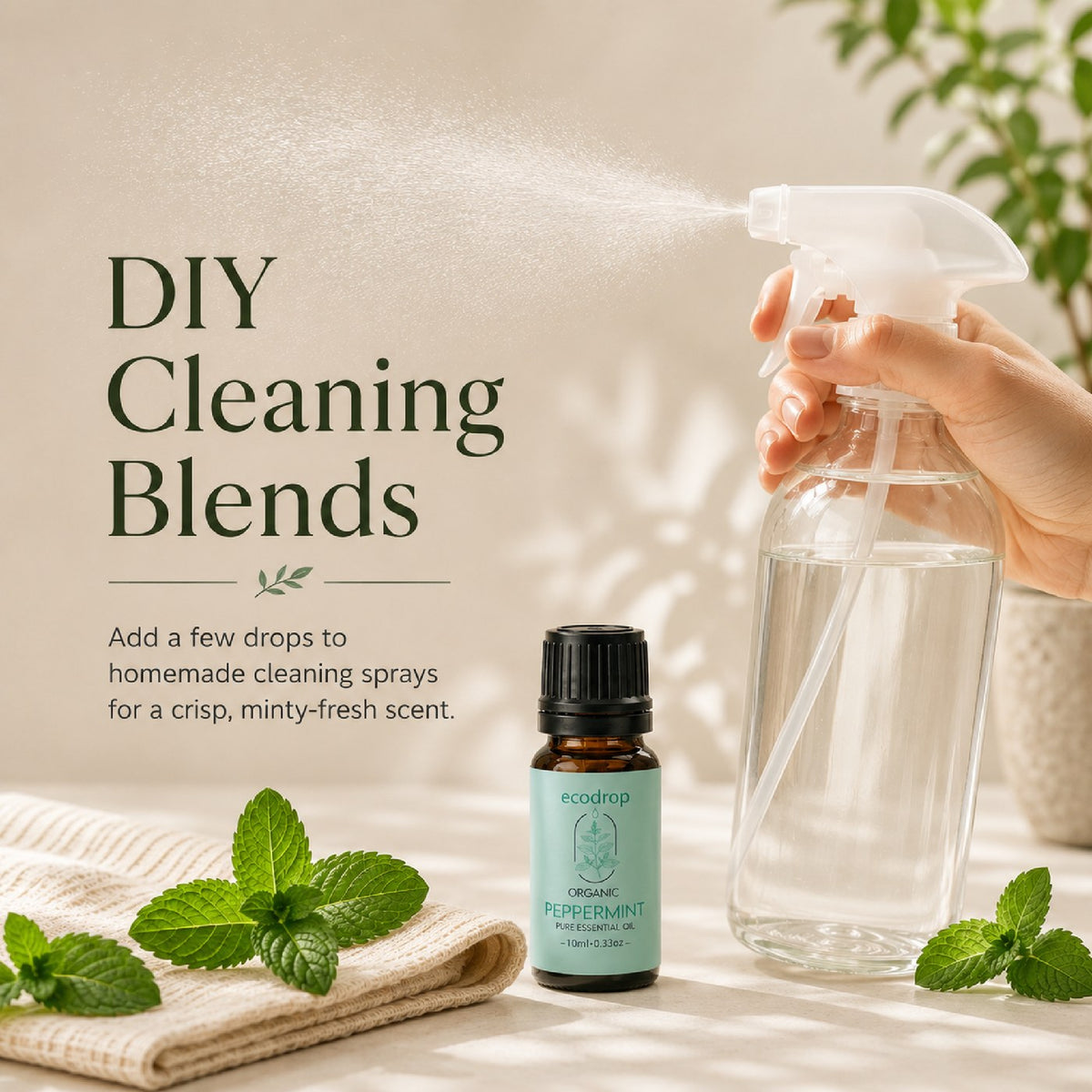 Peppermint essential oil added to a homemade cleaning spray bottle