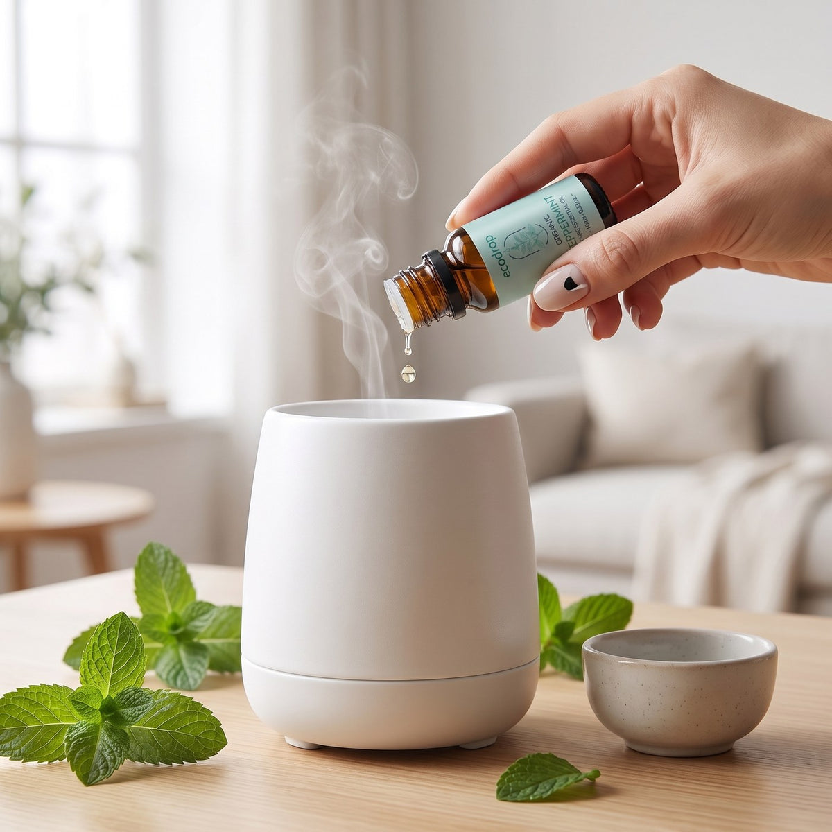 Adding a drop of organic peppermint essential oil to a white ceramic diffuser with fresh mint