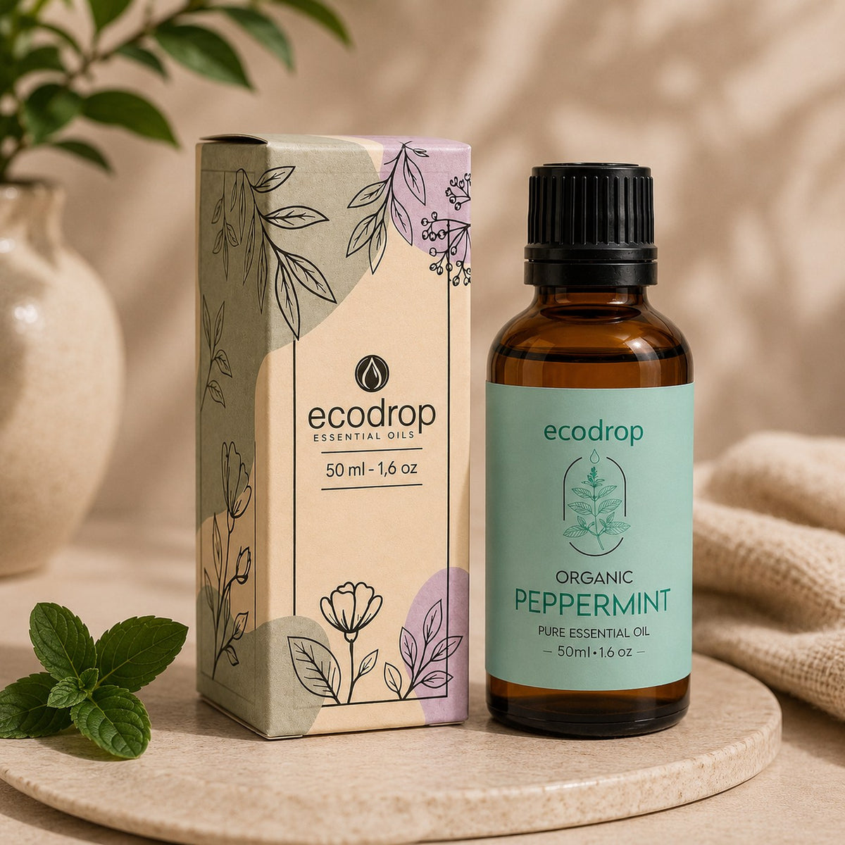 Organic peppermint essential oil 50ml bottle with carton