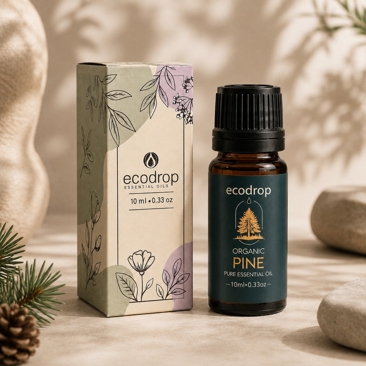 Organic pine essential oil 10ml bottle with its Ecodrop box, pine sprig and cone