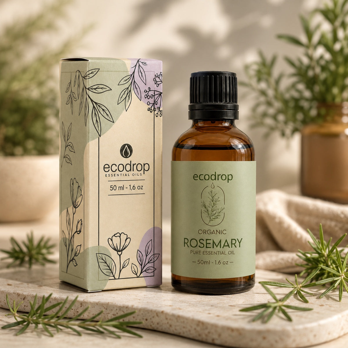 Organic Rosemary Essential Oil 50ml bottle with packaging