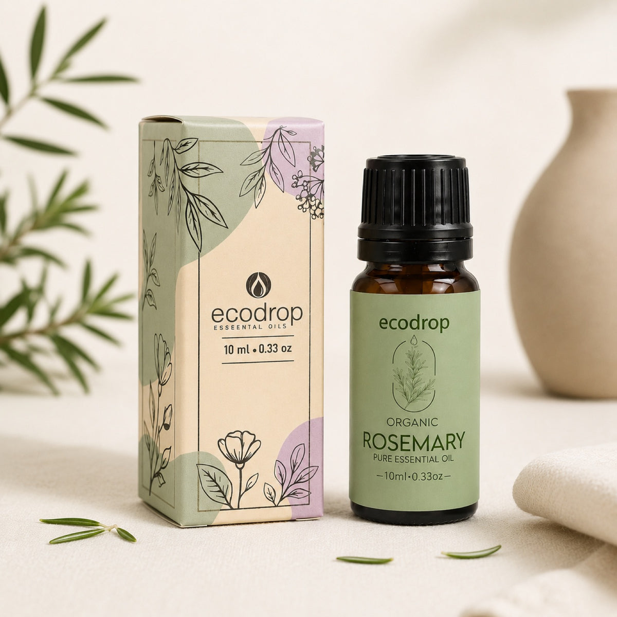 Organic Rosemary essential oil with box packaging and rosemary sprigs