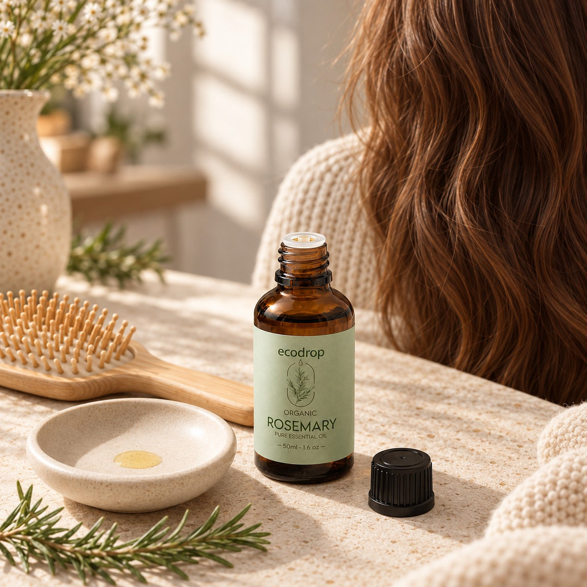 Organic rosemary essential oil 50ml beside a wooden hairbrush and long hair, for a rosemary oil hair and scalp routine