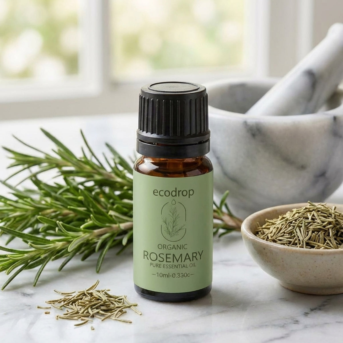 Organic Rosemary essential oil with fresh and dried rosemary, herb-garden style