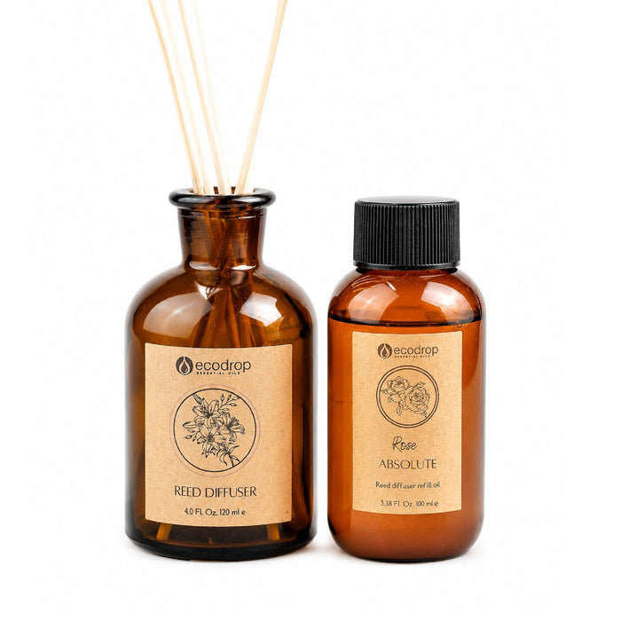 Rose Absolute Reed Diffuser set: amber diffuser bottle with reeds plus Rose Absolute refill oil