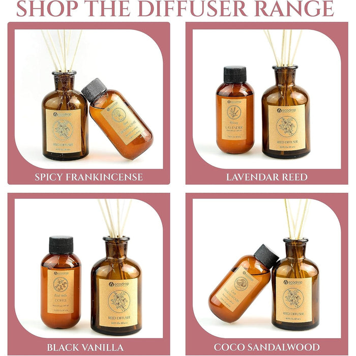 Shop the Ecodrop reed diffuser range: Spicy Frankincense, Lavender, Black Vanilla, Coco Sandalwood