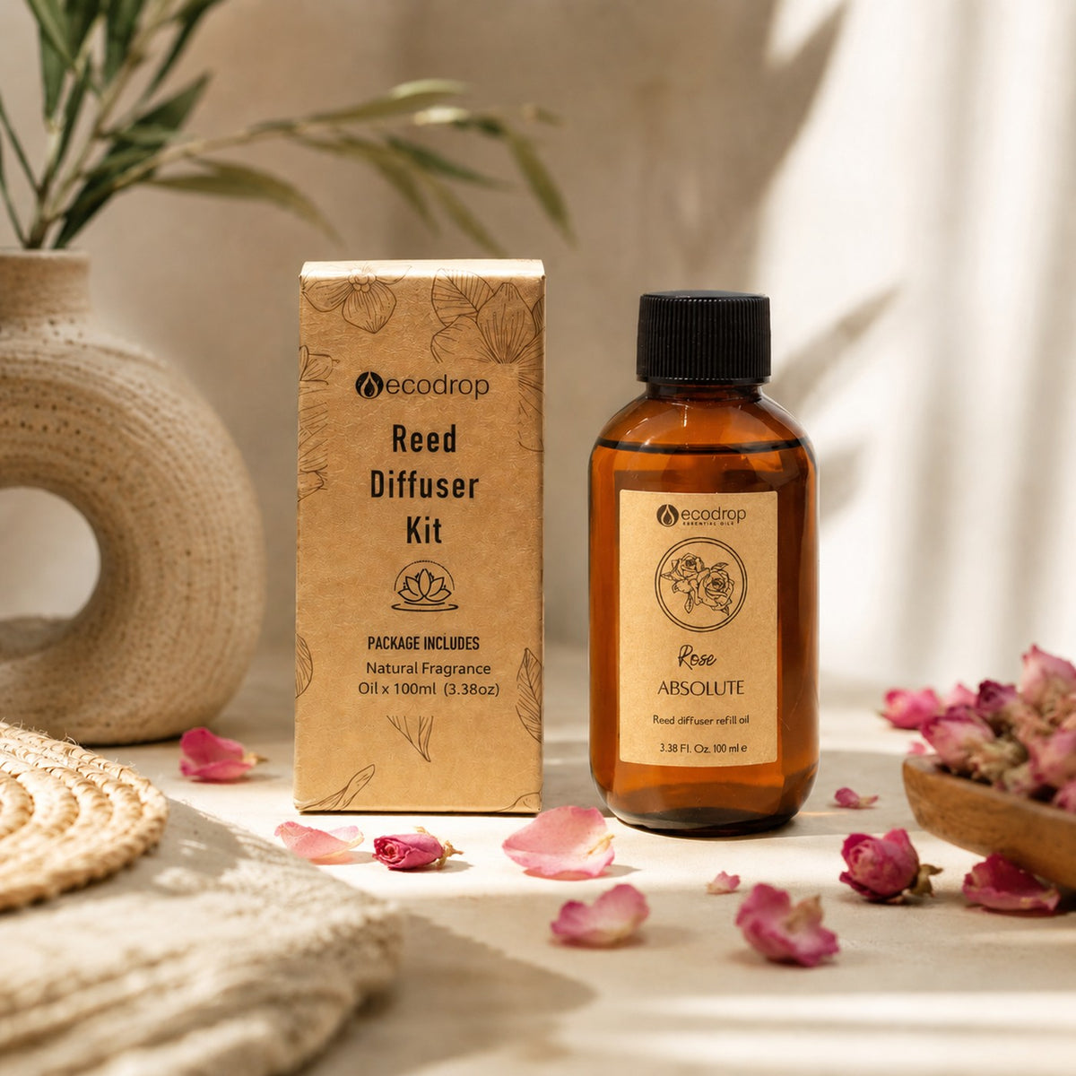 Rose Absolute reed diffuser kit: package includes natural fragrance oil with box, infographic
