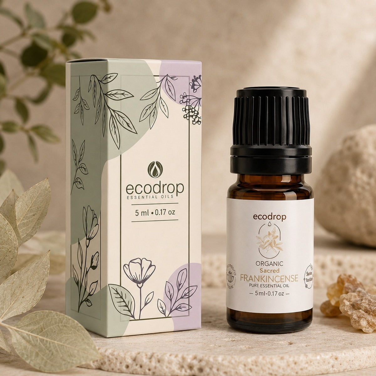 Organic frankincense sacra essential oil 5ml bottle beside its printed Ecodrop gift box