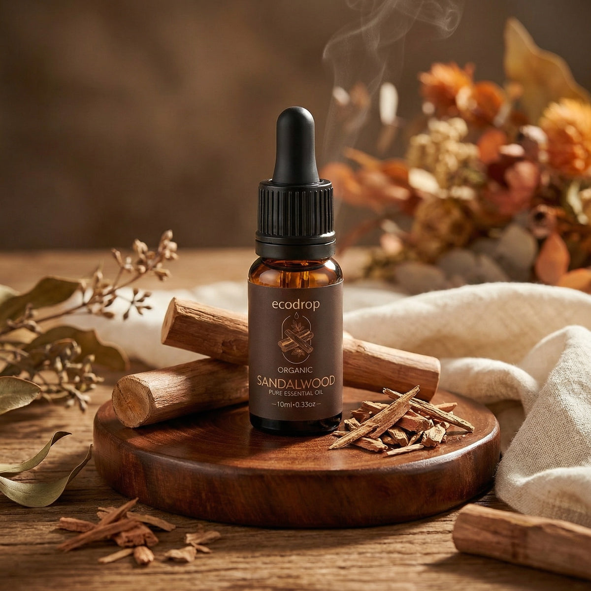 Organic Sandalwood essential oil styled with sandalwood chips and warm woods