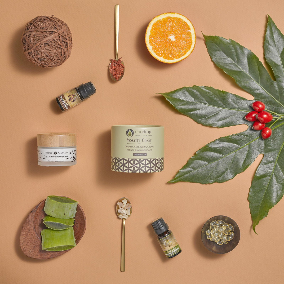 Ecodrop Youth Elixir organic anti-ageing cream flatlay with orange, rosehip, sandalwood and frankincense