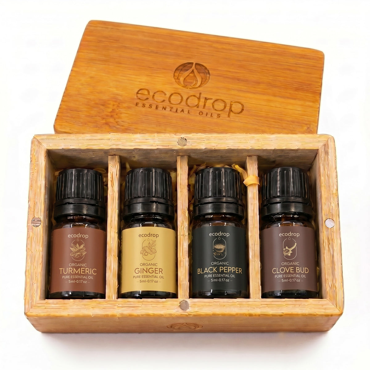 Spice essential oil set: turmeric, ginger, black pepper and clove bud, 4 x 5ml in a wooden gift box