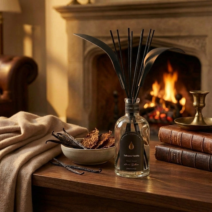 Tobacco & Vanilla reed diffuser styled by a fireplace