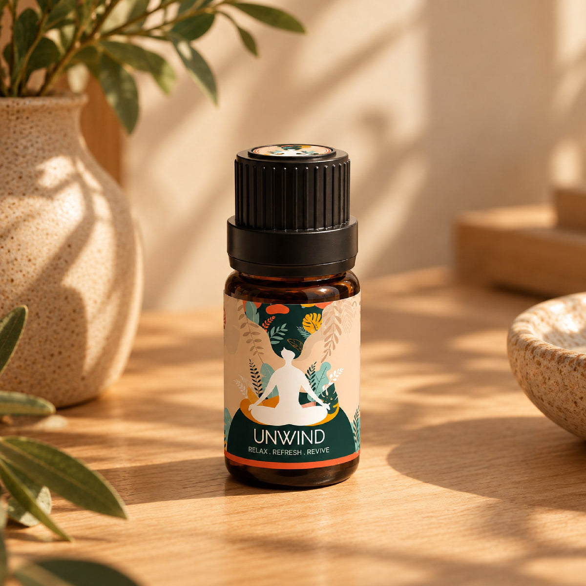 Unwind essential oil blend 10ml on a sunlit wooden table