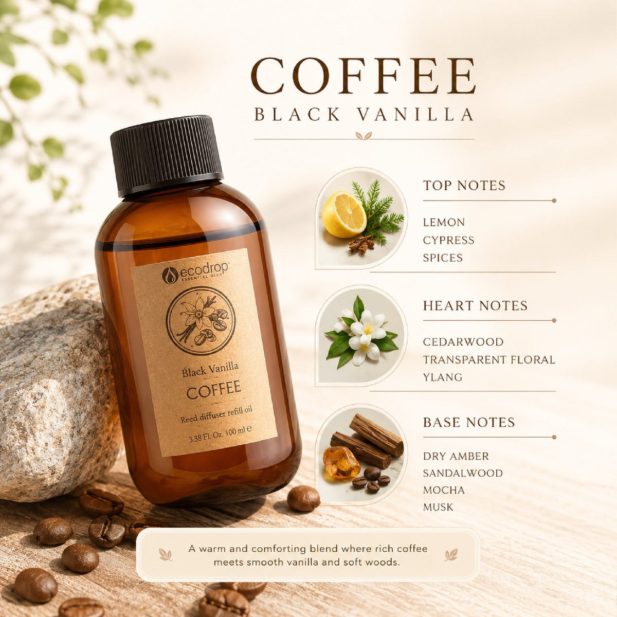Ecodrop Black Vanilla Coffee reed diffuser fragrance notes editorial