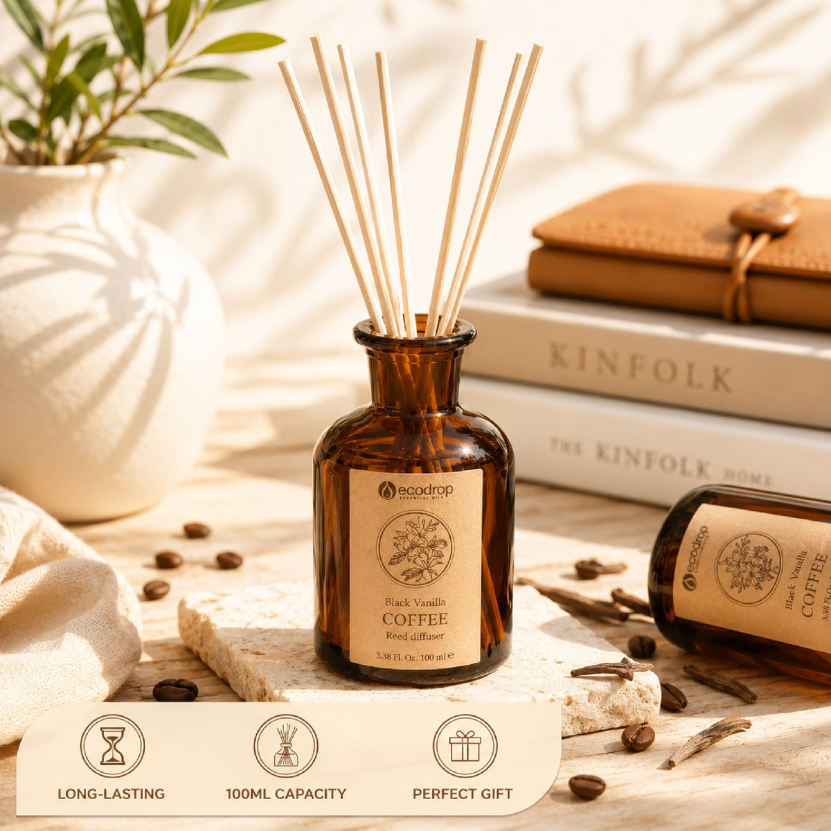 Ecodrop Black Vanilla Coffee reed diffuser long lasting 100ml gift editorial