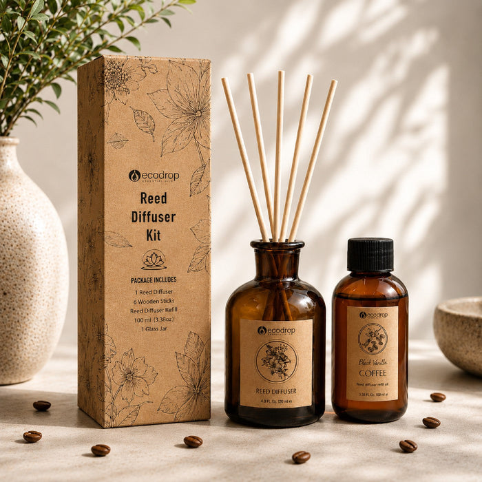 Ecodrop Black Vanilla Coffee reed diffuser kit package contents