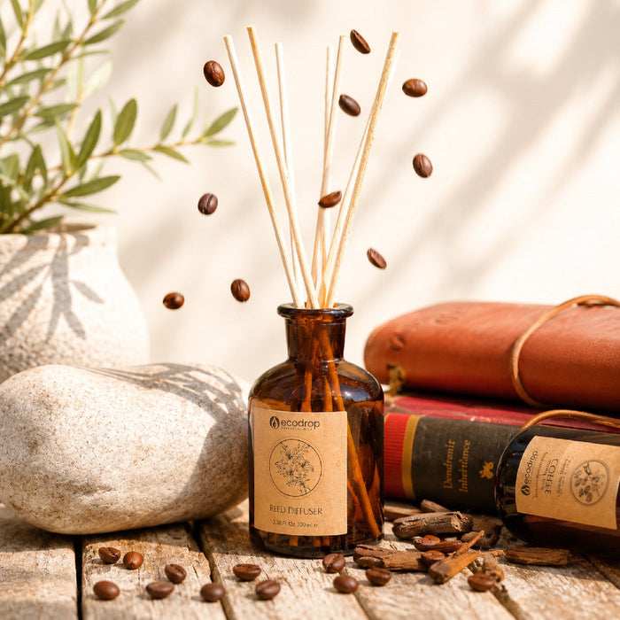 Ecodrop Black Vanilla Coffee reed diffuser set with refill bottle and reeds lifestyle