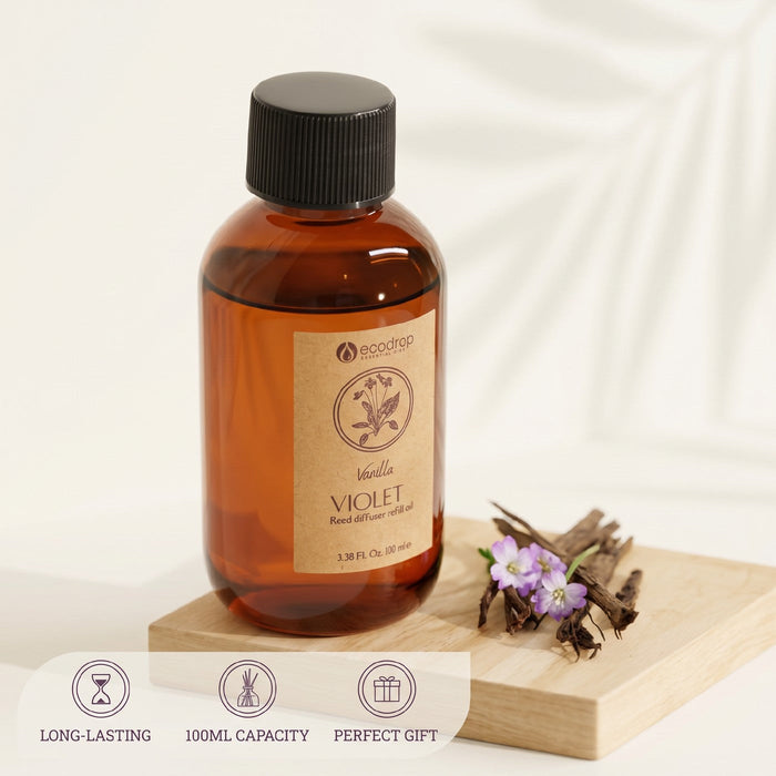 Vanilla Violet reed diffuser refill bottle styled on wood with violet flowers