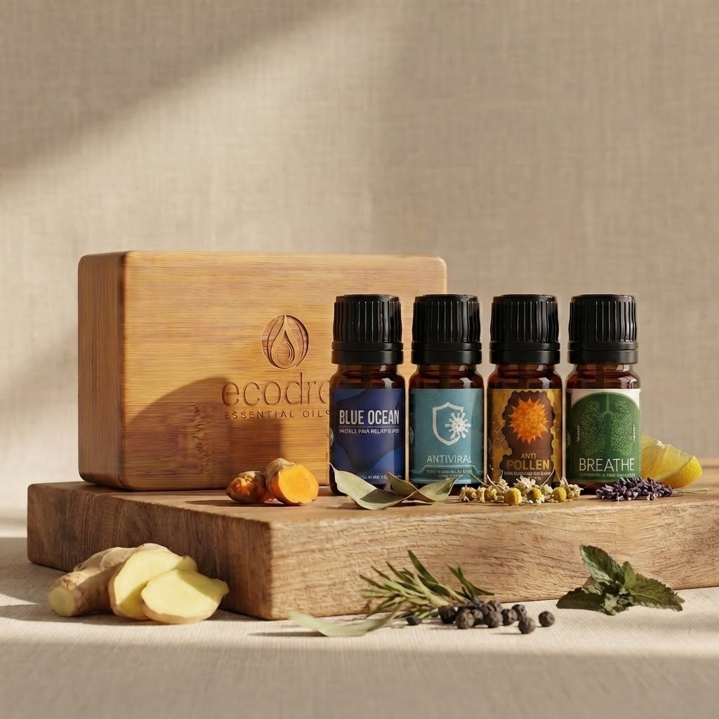 Wellness blend set bottles on a wooden board with ginger, turmeric, herbs and lemon